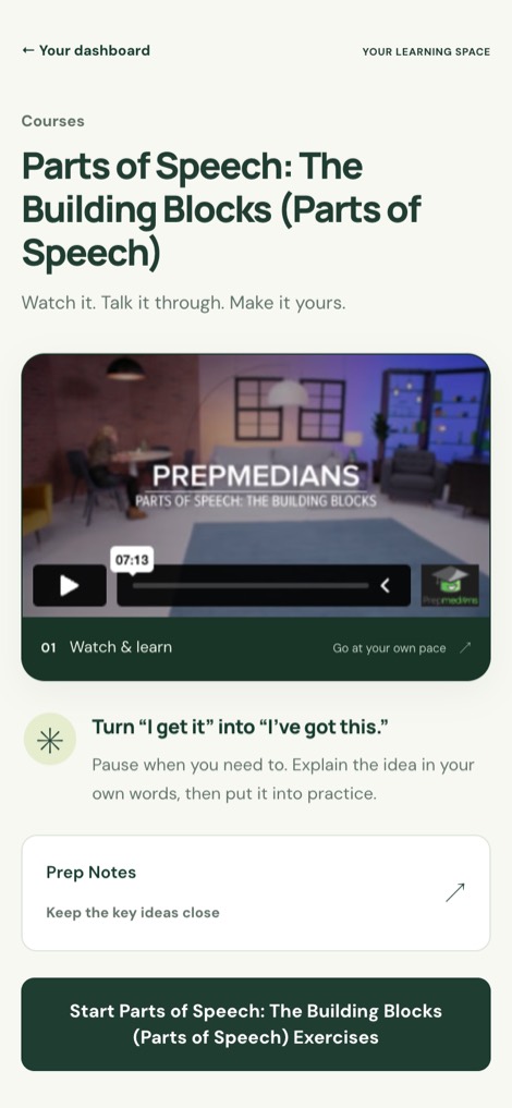 A Prepmedians lesson page on a phone: the Parts of Speech video lesson, its Prep Notes, and the button to start the exercises.