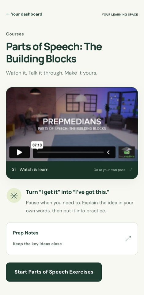 A Prepmedians lesson page on a phone: the Parts of Speech video lesson, its Prep Notes, and the button to start the exercises.